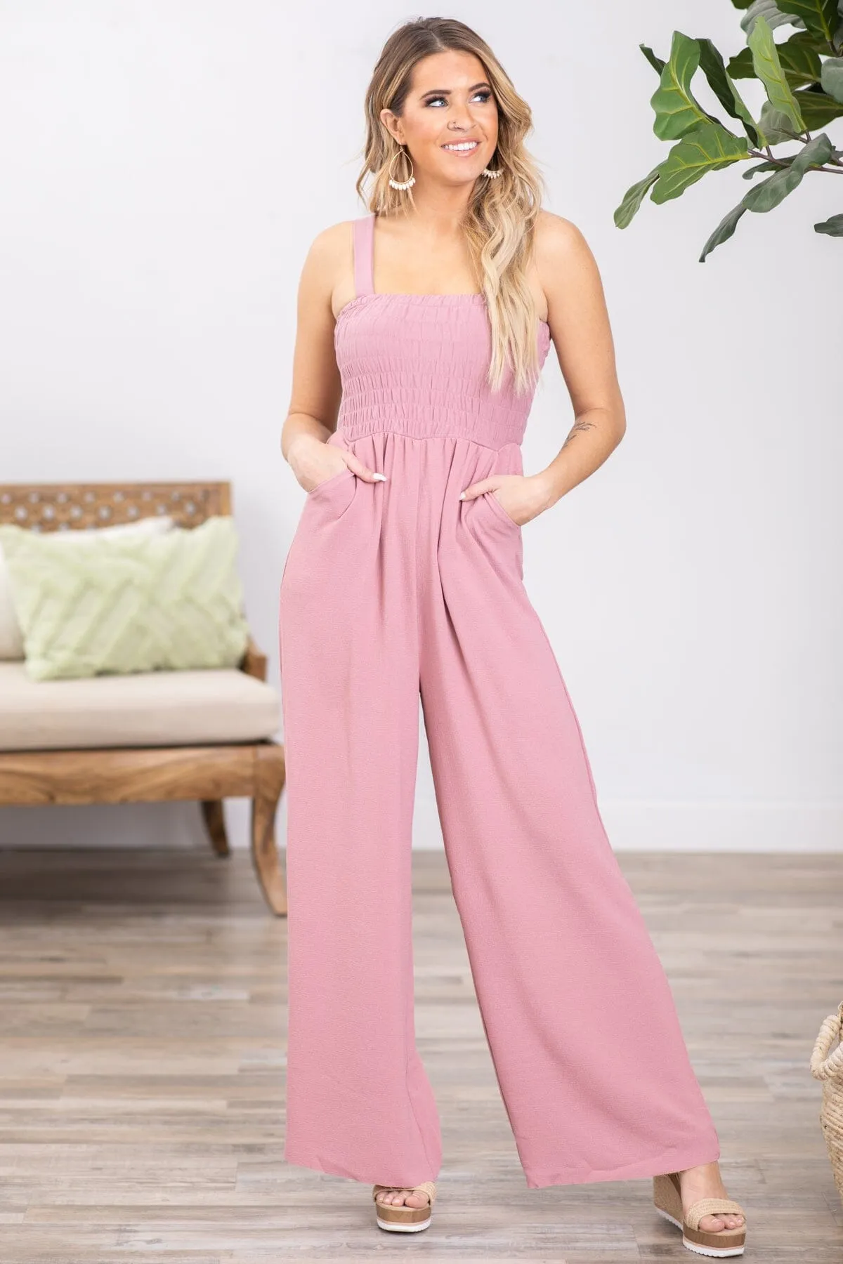 Dusty Rose Smocked Knit Bodice Jumpsuit