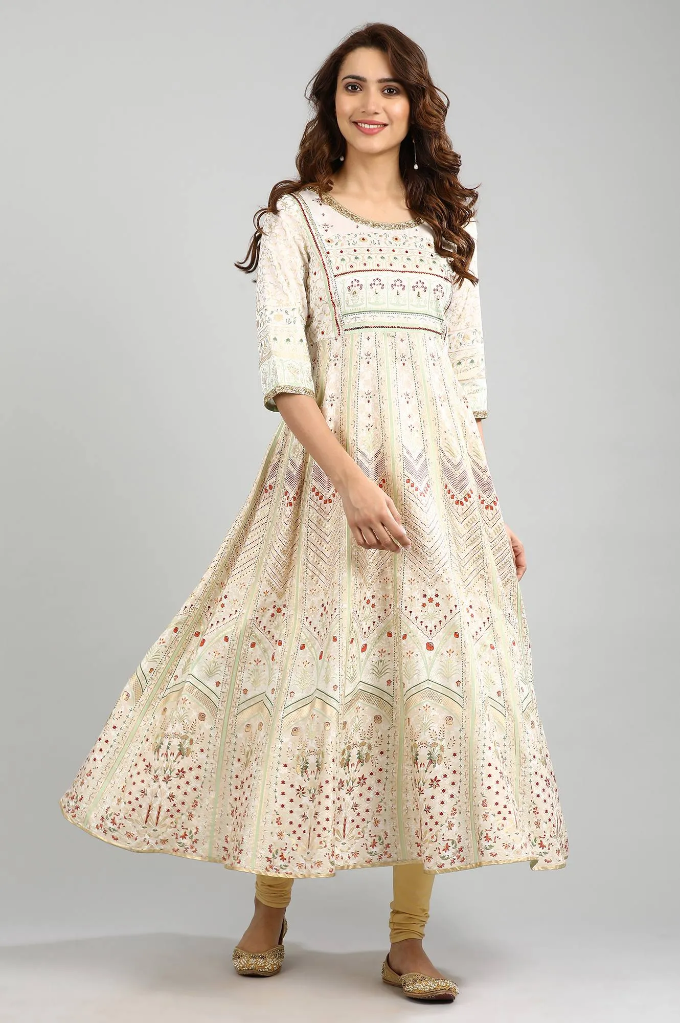 Ecru Round Neck Printed kurta