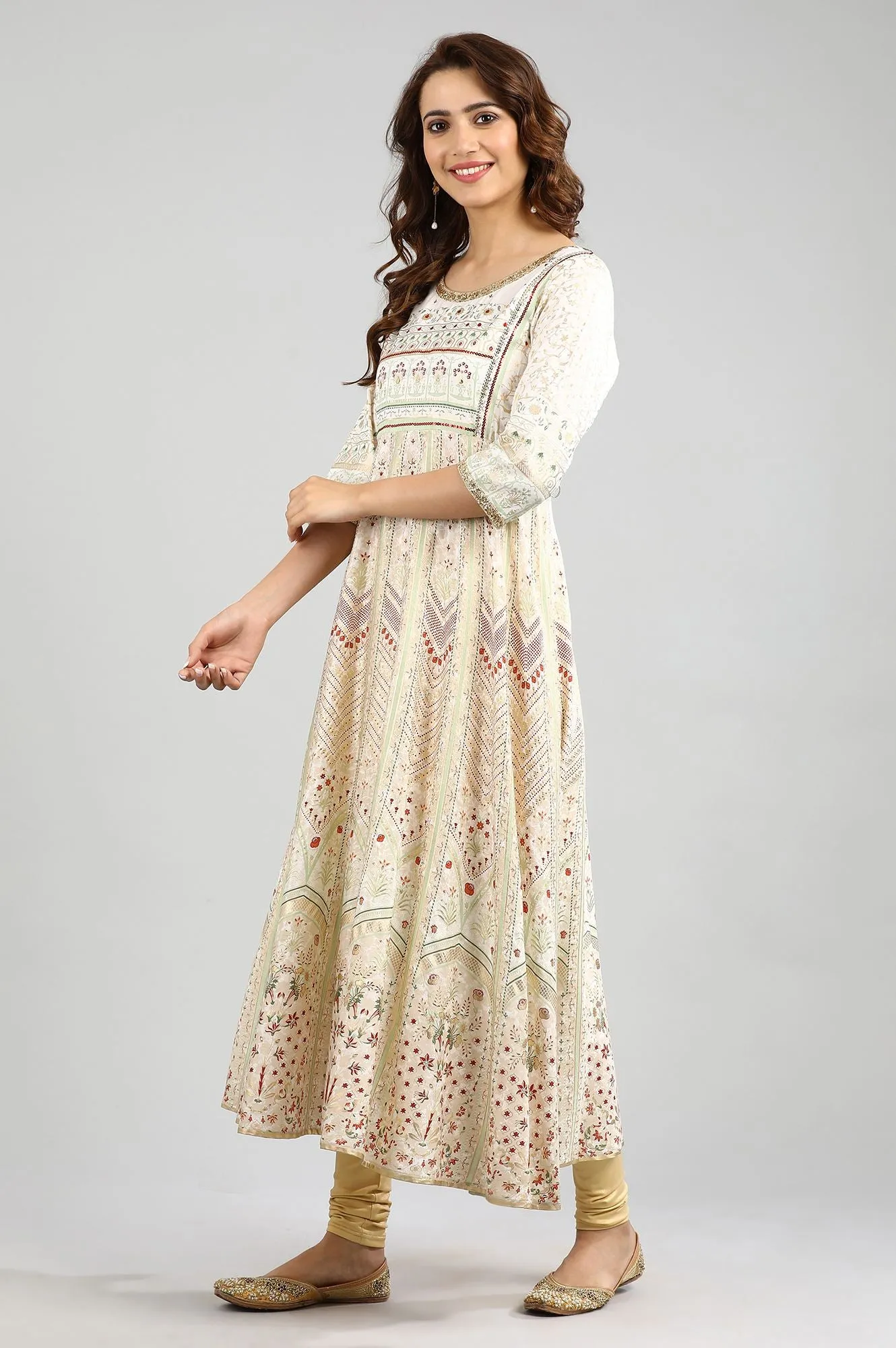 Ecru Round Neck Printed kurta