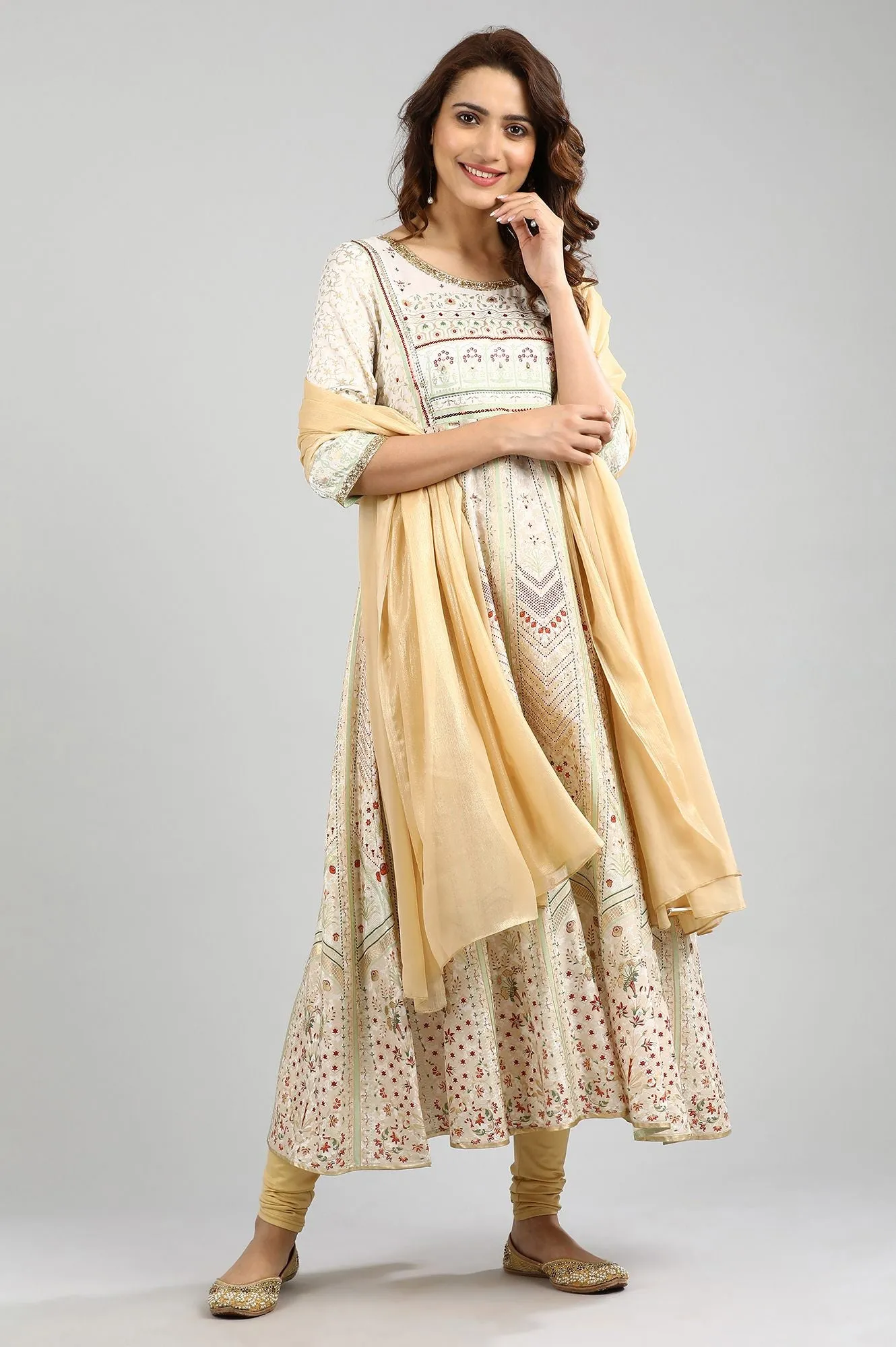 Ecru Round Neck Printed kurta