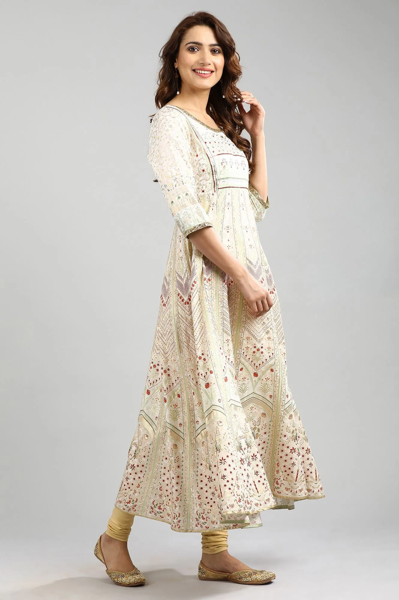 Ecru Round Neck Printed kurta