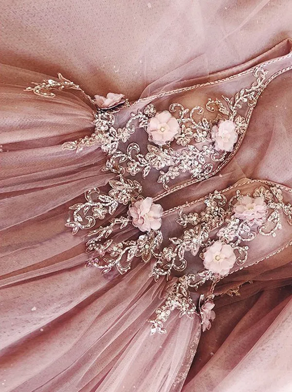 Elegant Pink Flower Tulle A Line V Neck Open Back Lace Prom Dresses Evening Dress, SP557