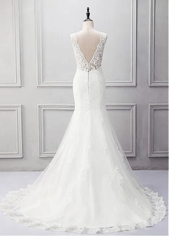 Elegant Tulle V-neck Neckline Mermaid Wedding Dress With Beaded Lace Appliques