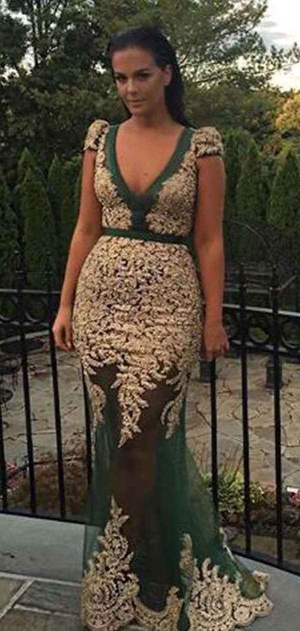 Elegant V-neck Short Sleeve Long Mermaid Prom Dresses With Lace Applique&Beaded, QB0801