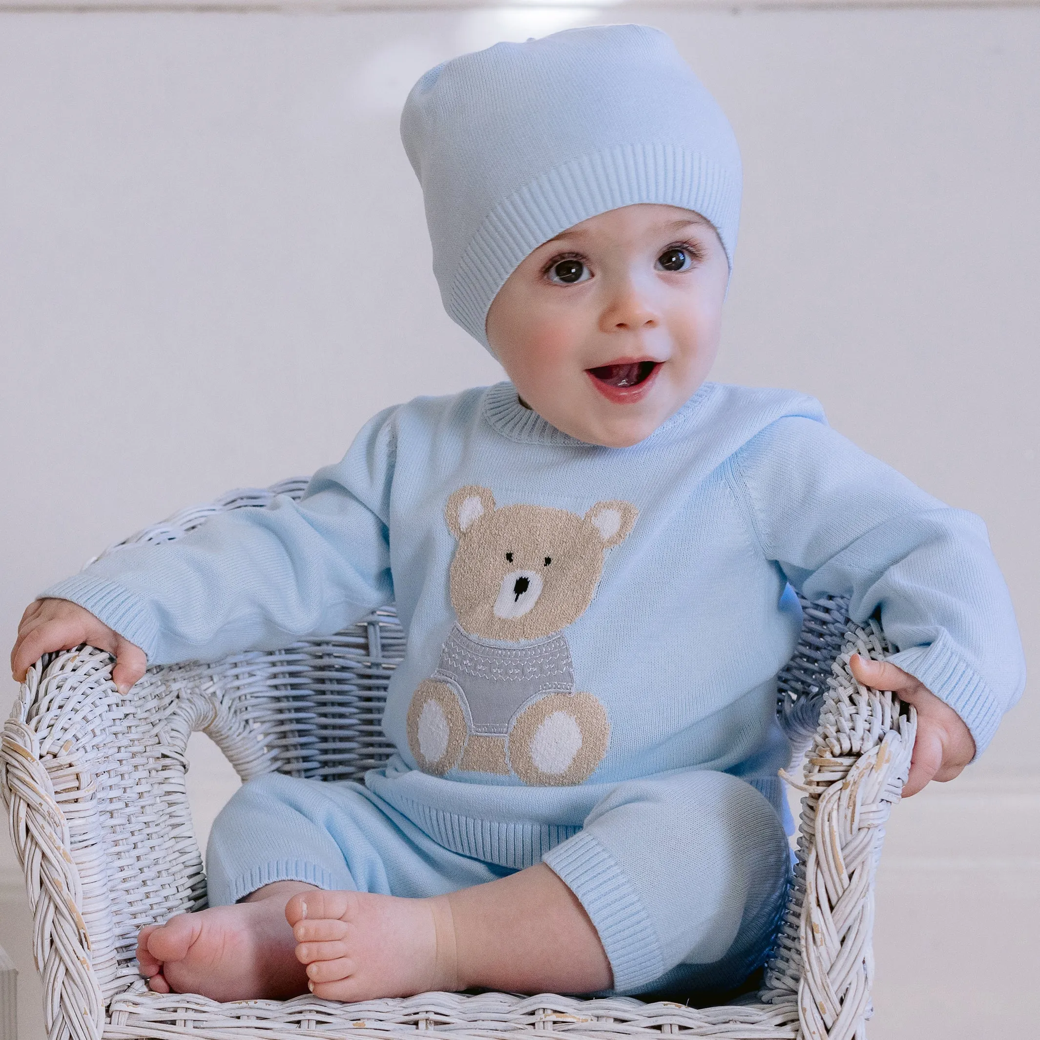 Enzo Blue Knit Teddy Trouser Set with Hat