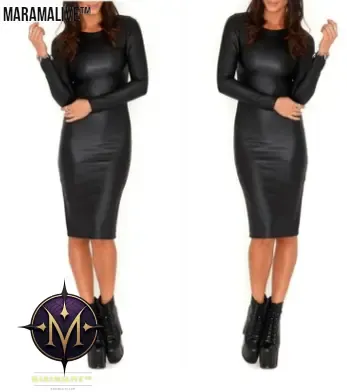 European and American nightclub dress faux leather long sleeve round neck to knee bag hip tight pencil skirt