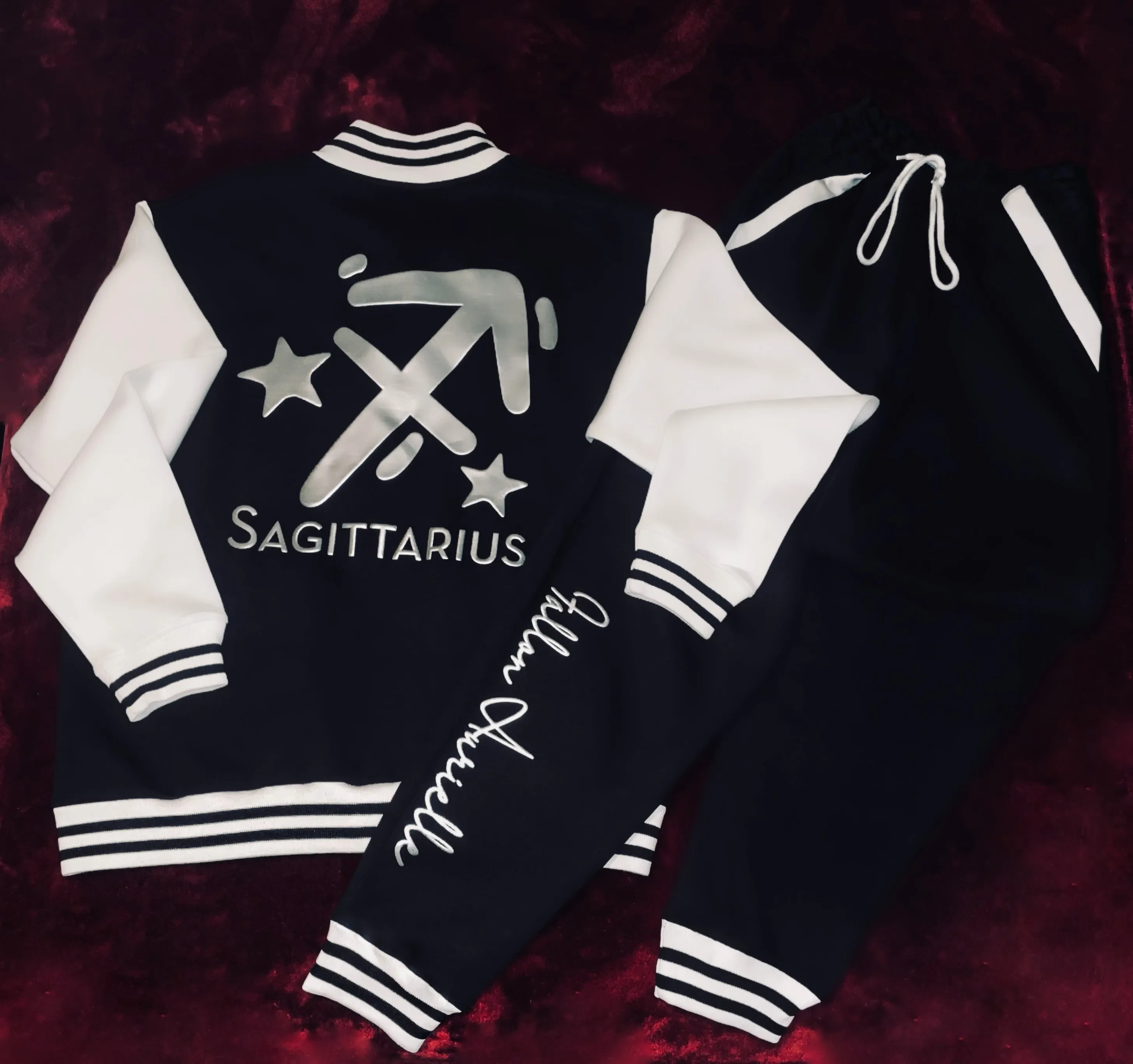 Fallon Aurielle Unisex Signature Sagittarius Logo & Name Zodiac Jacket (Black, Metallic Silver & Cream)