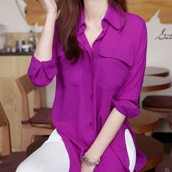 Fashion Women Blouse Long Sleeve Chiffon Shirt Turn-down Collar Casual Loose Tops