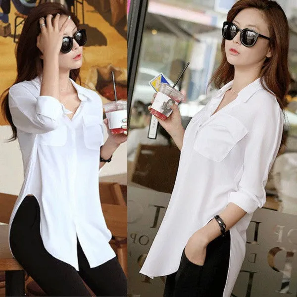 Fashion Women Blouse Long Sleeve Chiffon Shirt Turn-down Collar Casual Loose Tops