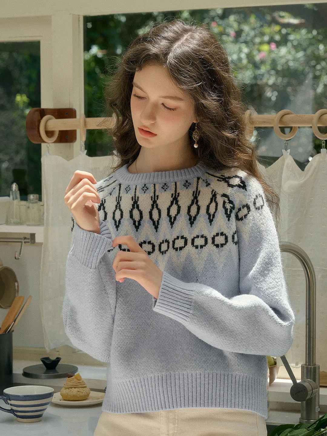 【Final Sale】Natasha Round Neck Embroidery Colour Clash Pullover Sweater