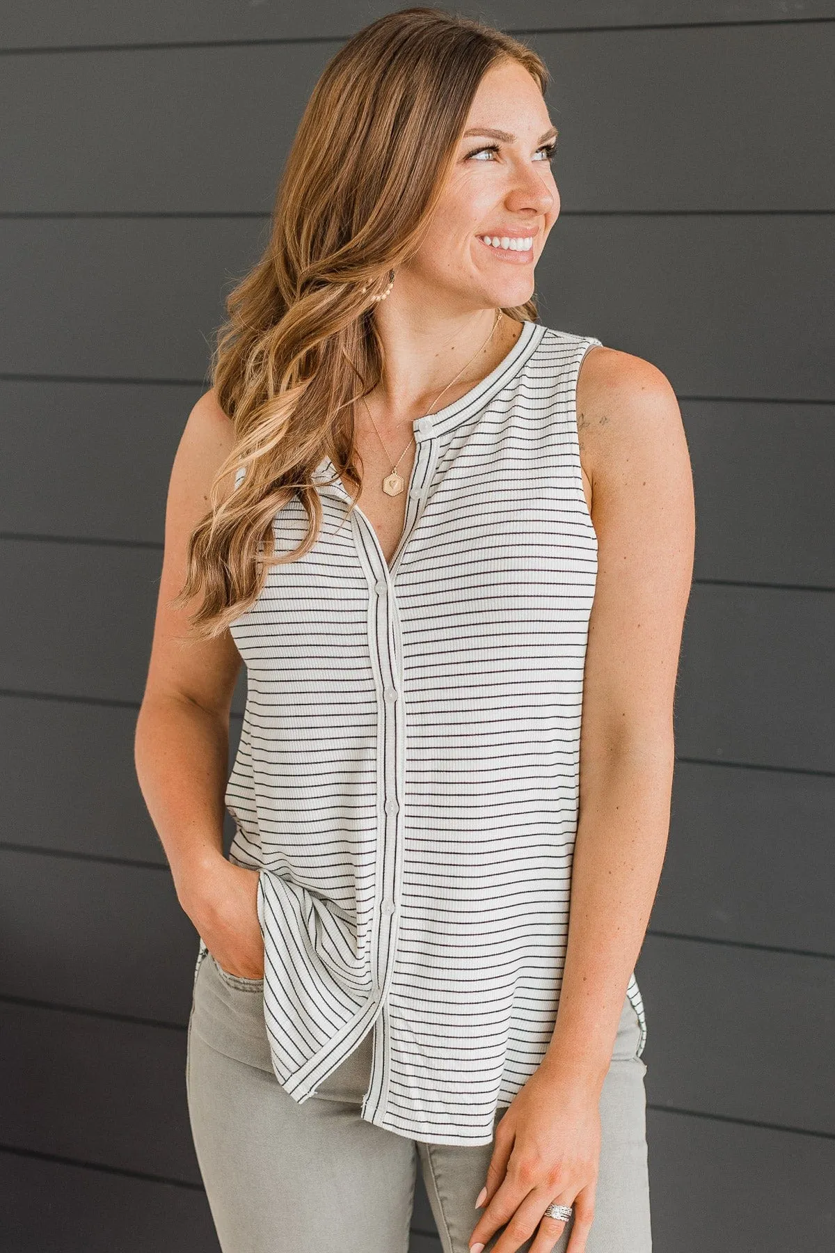 Fool For You Knit Button Tank Top- Off-White
