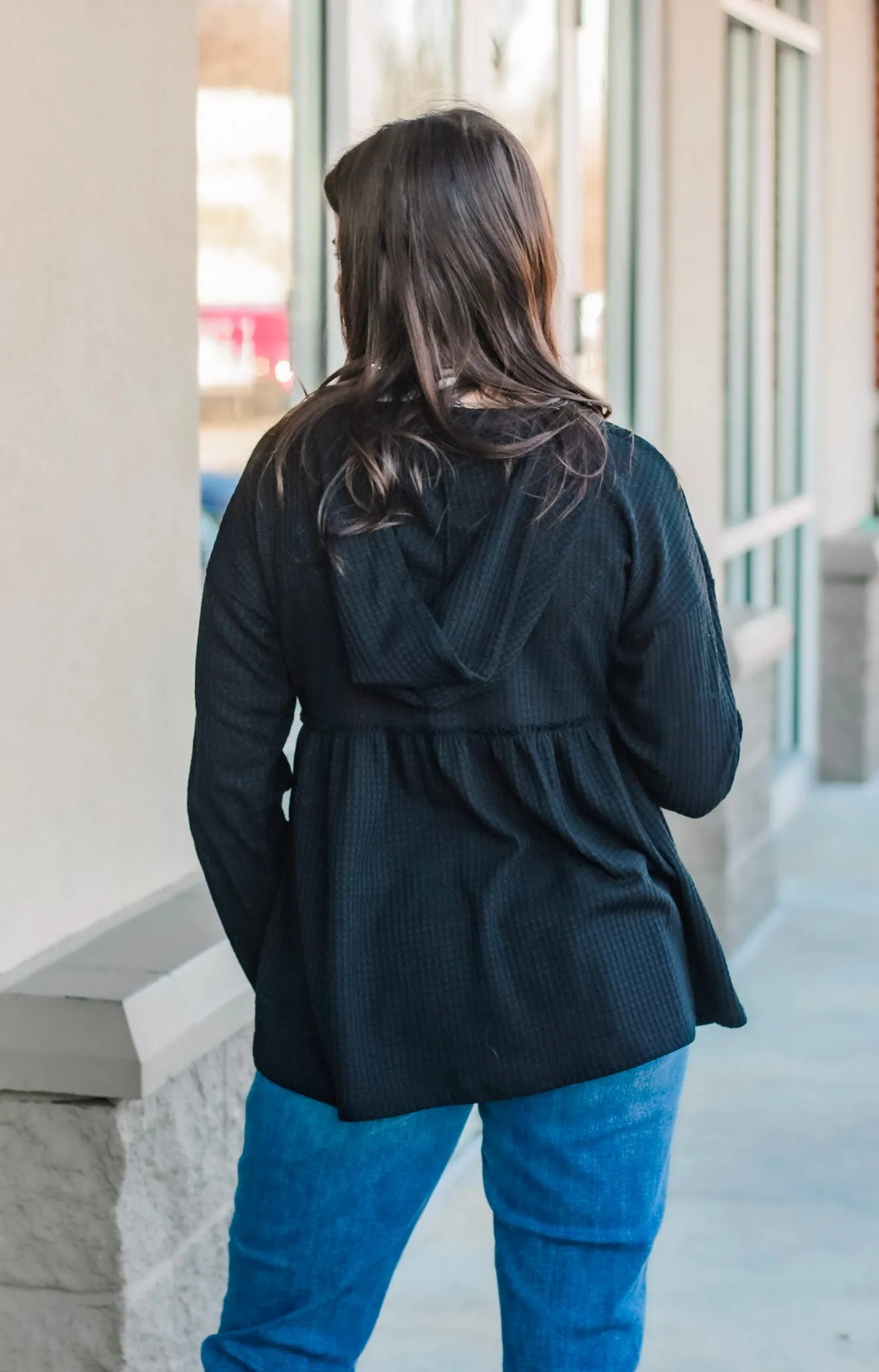 For the Day Waffle Knit Hoodie in Black