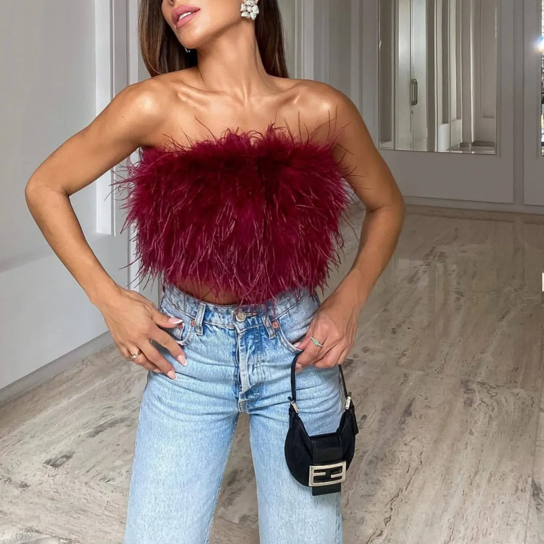 Forever Feather Off Shoulder Cropped Tube Top