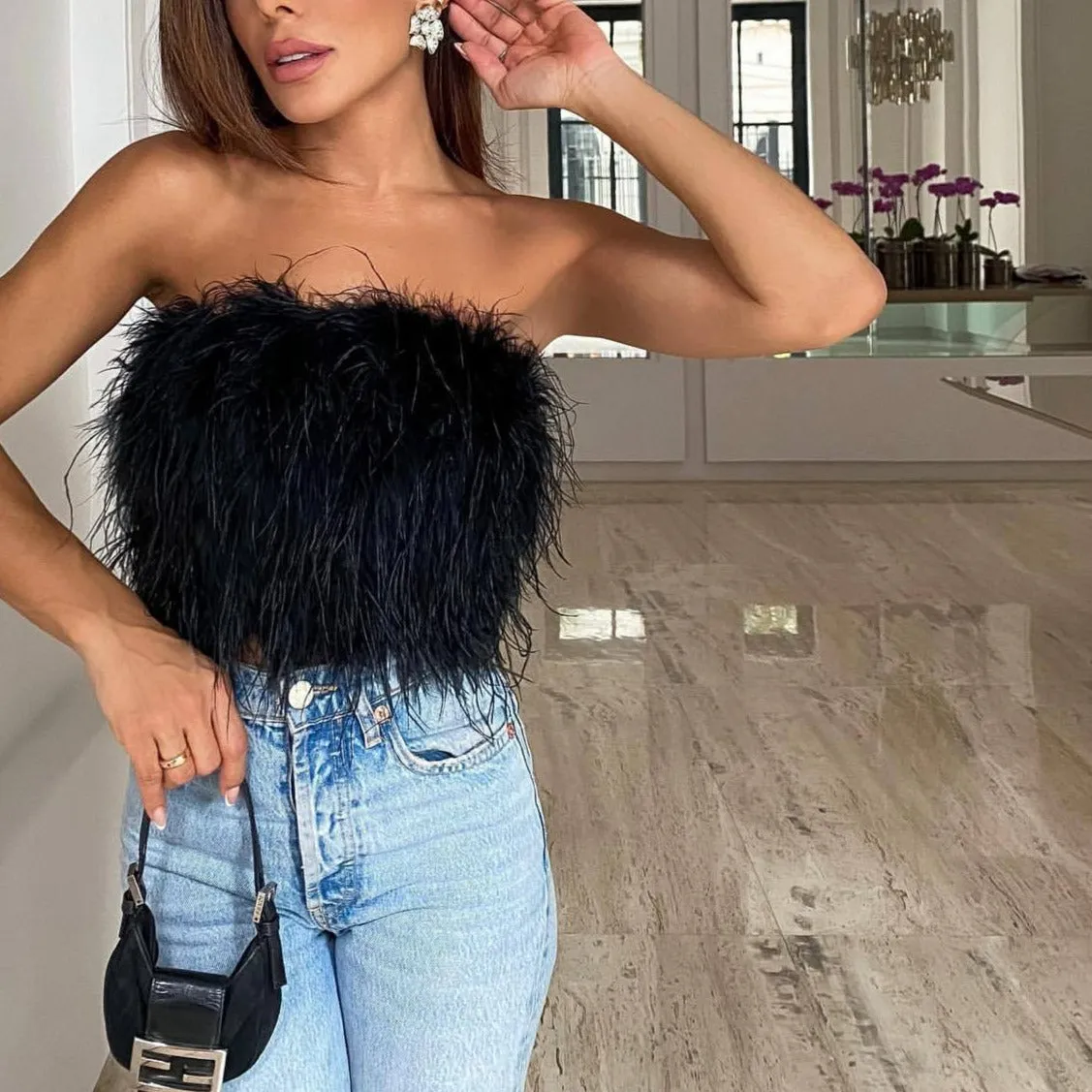 Forever Feather Off Shoulder Cropped Tube Top
