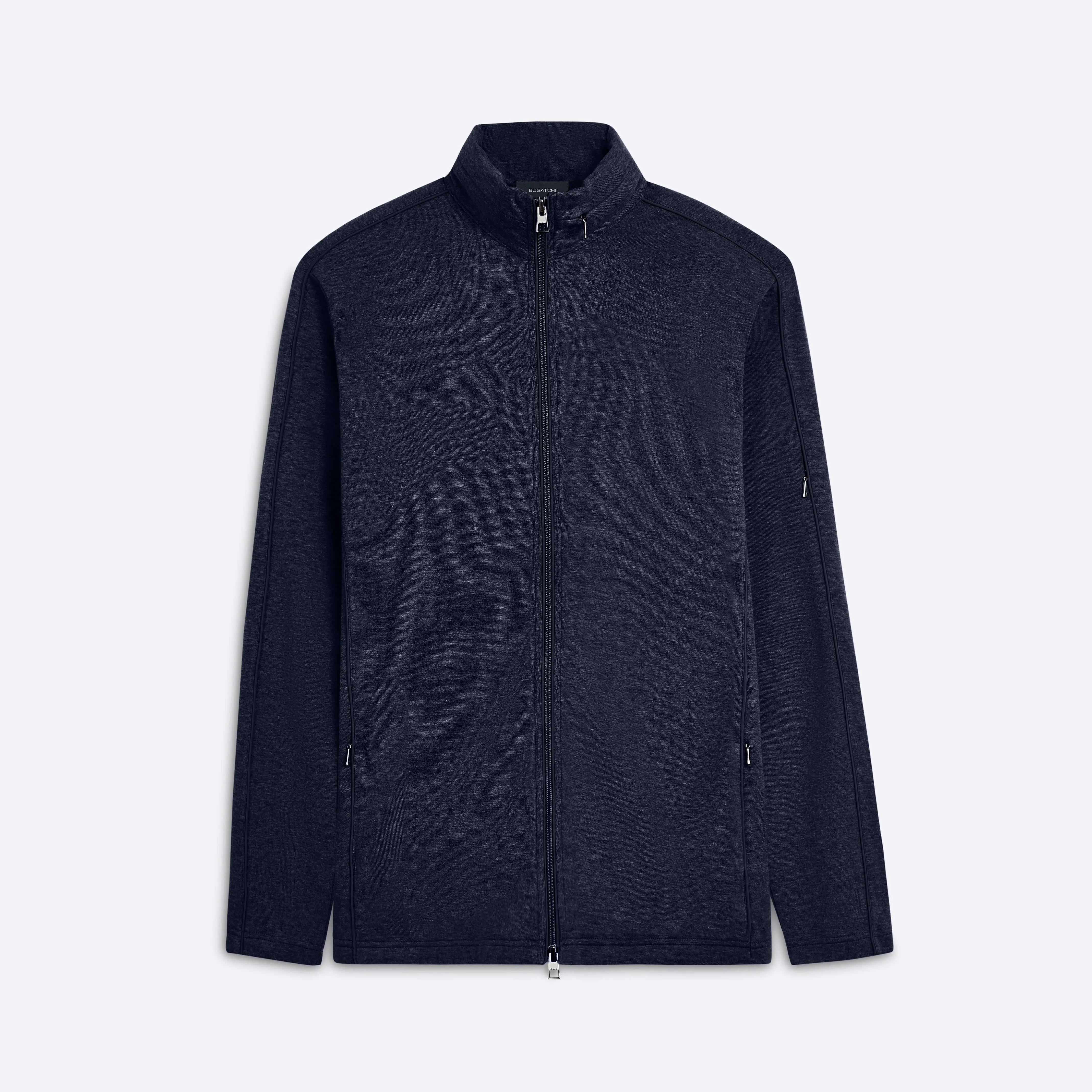 Full Zip Mock Neck Sweatshirt with Stow-Away Hood.