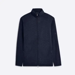 Full Zip Mock Neck Sweatshirt with Stow-Away Hood.