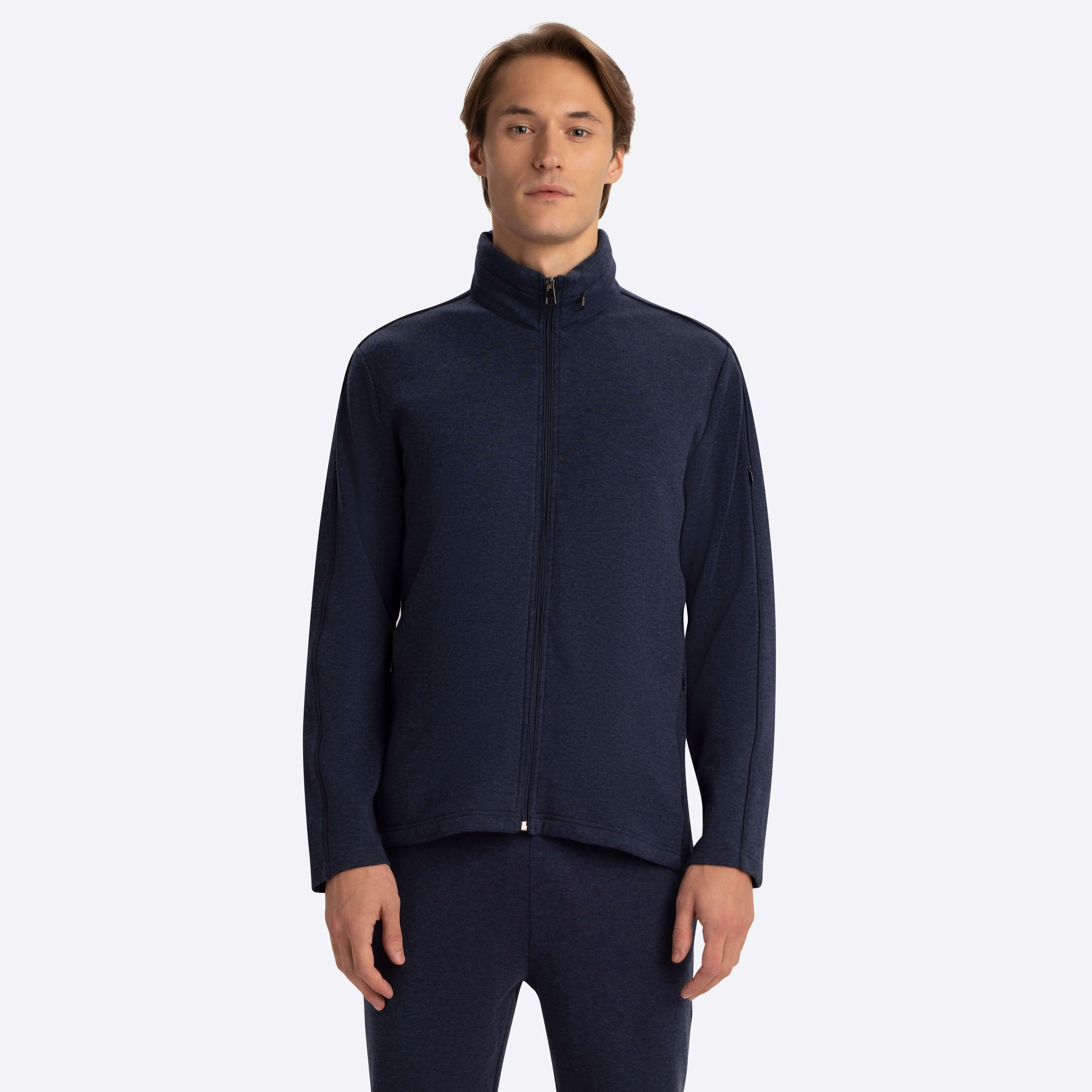 Full Zip Mock Neck Sweatshirt with Stow-Away Hood.