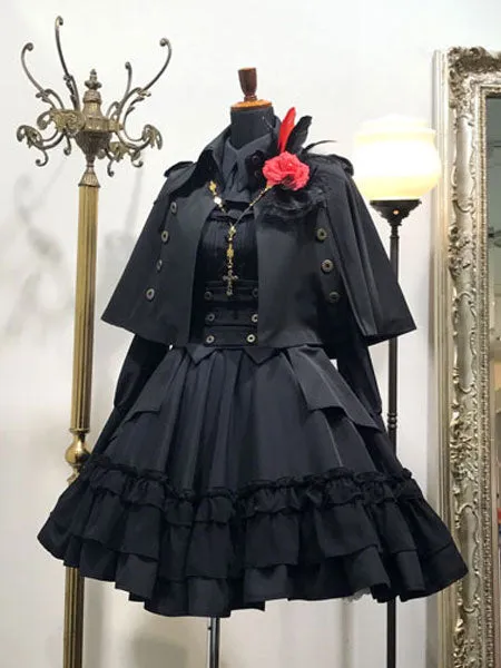 Gothic Lolita Poncho Metallic Button Black Winter Lolita Cape