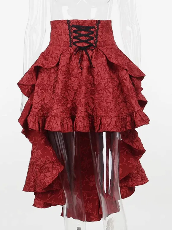 Gothic Lolita SK Ruffles Lace Up Burgundy Lolita Skirts