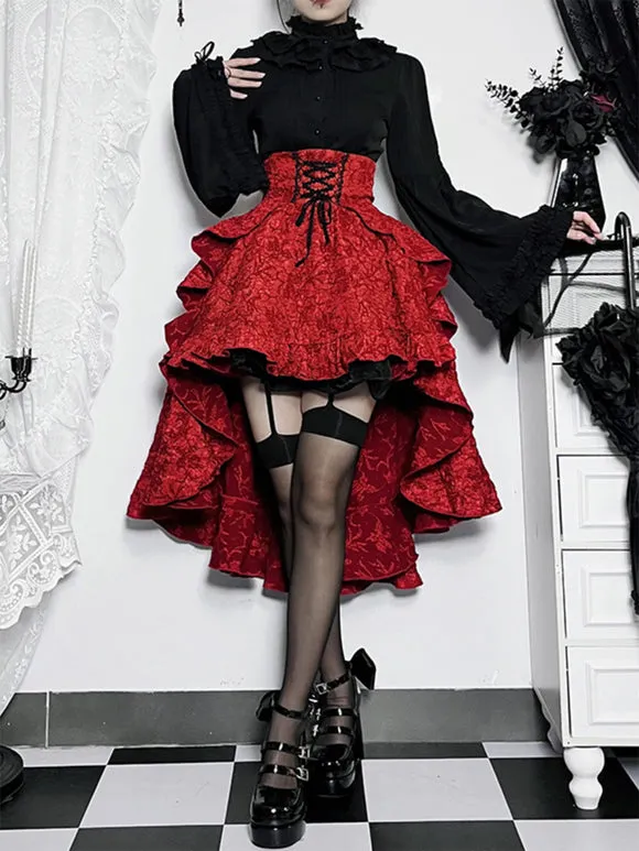 Gothic Lolita SK Ruffles Lace Up Burgundy Lolita Skirts