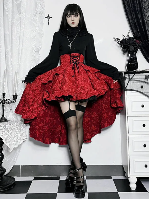 Gothic Lolita SK Ruffles Lace Up Burgundy Lolita Skirts