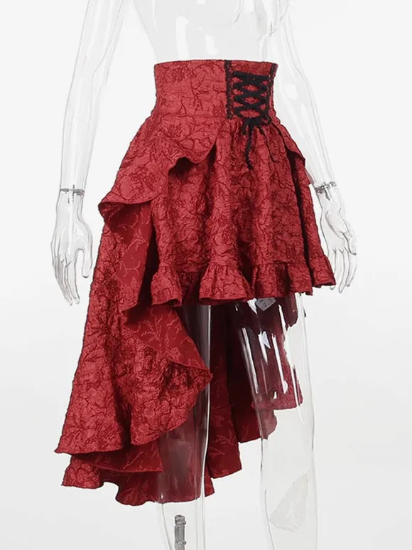 Gothic Lolita SK Ruffles Lace Up Burgundy Lolita Skirts