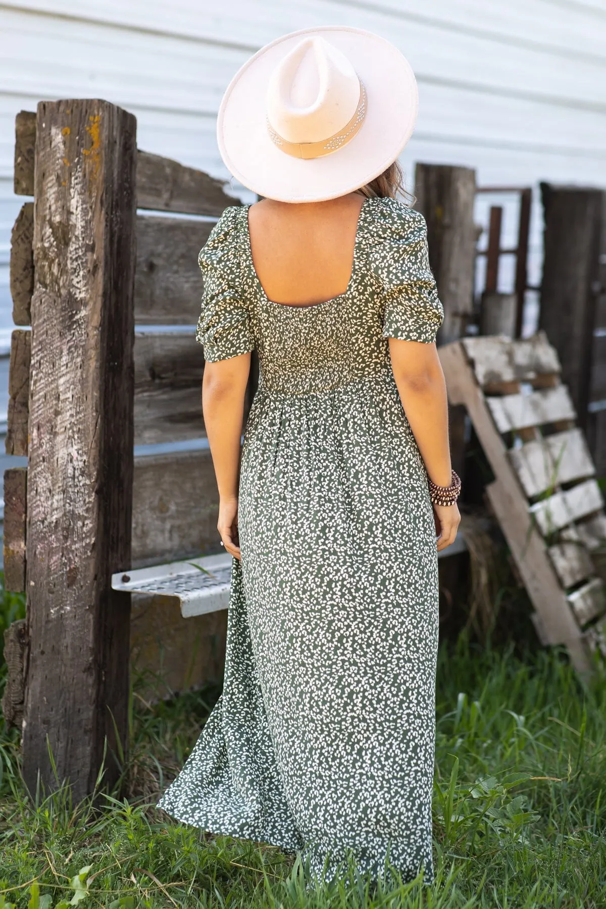 Green Ditsy Floral Square Neck Midi Dress
