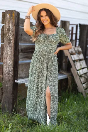 Green Ditsy Floral Square Neck Midi Dress