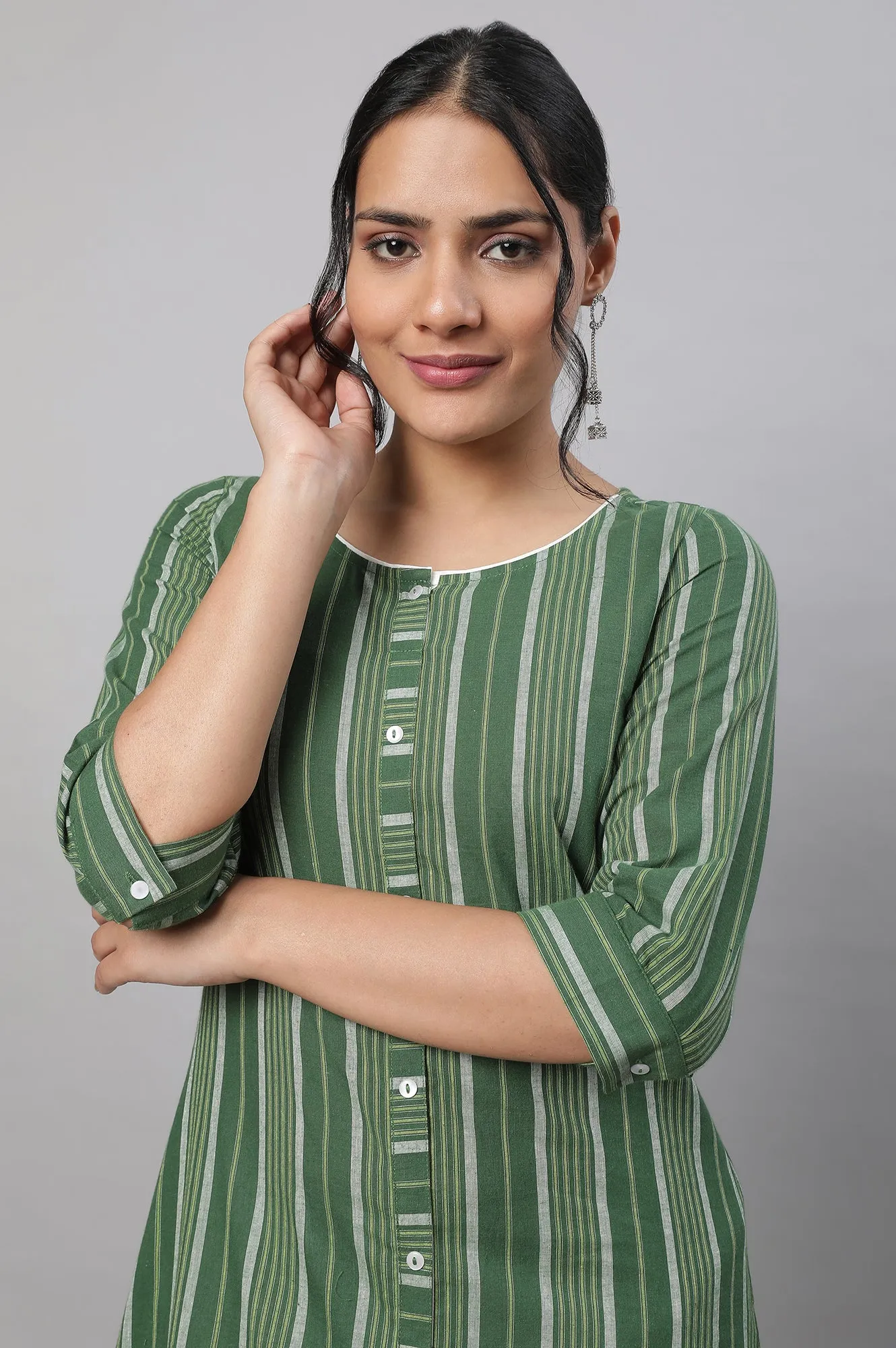 Green Stripe Print Cotton kurta & Trousers Set