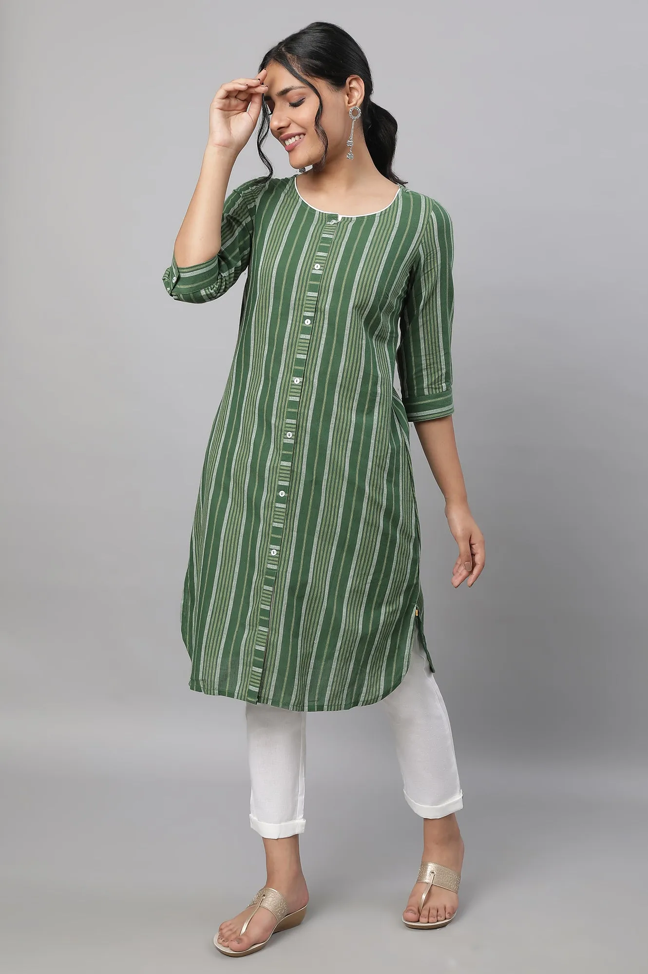 Green Stripe Print Cotton kurta & Trousers Set