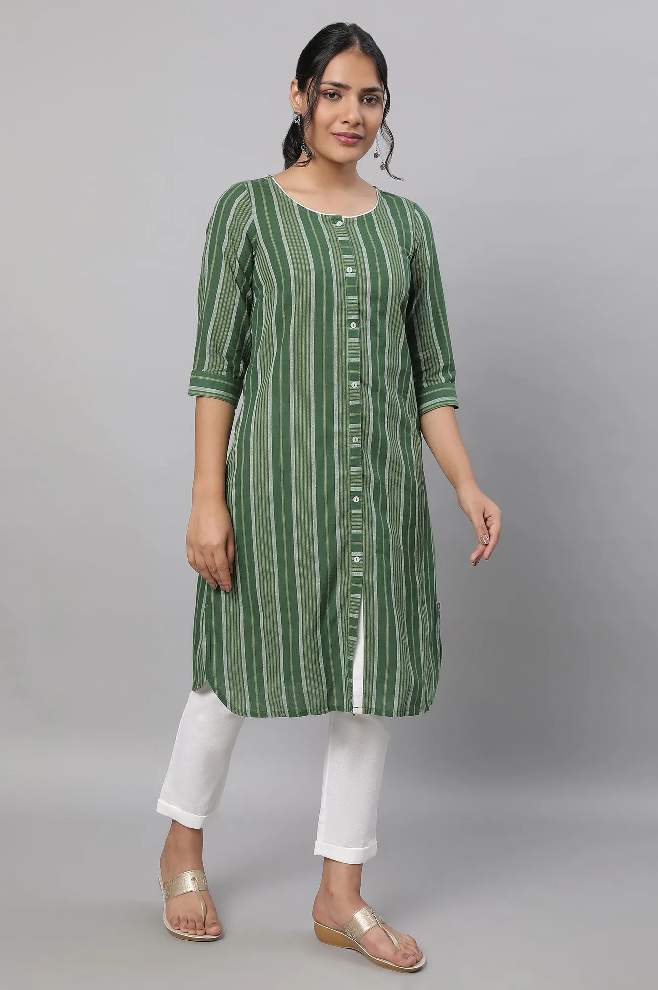 Green Stripe Print Cotton kurta & Trousers Set