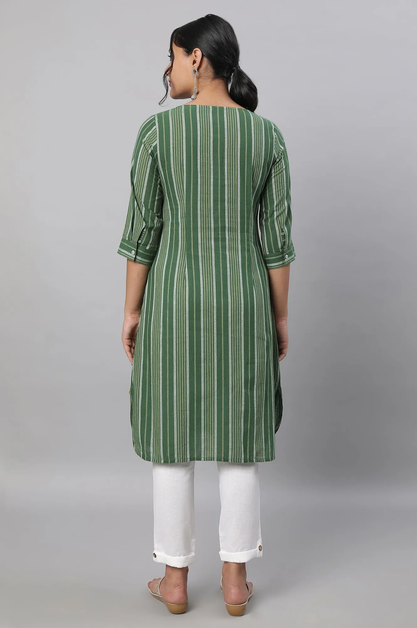 Green Stripe Print Cotton kurta & Trousers Set