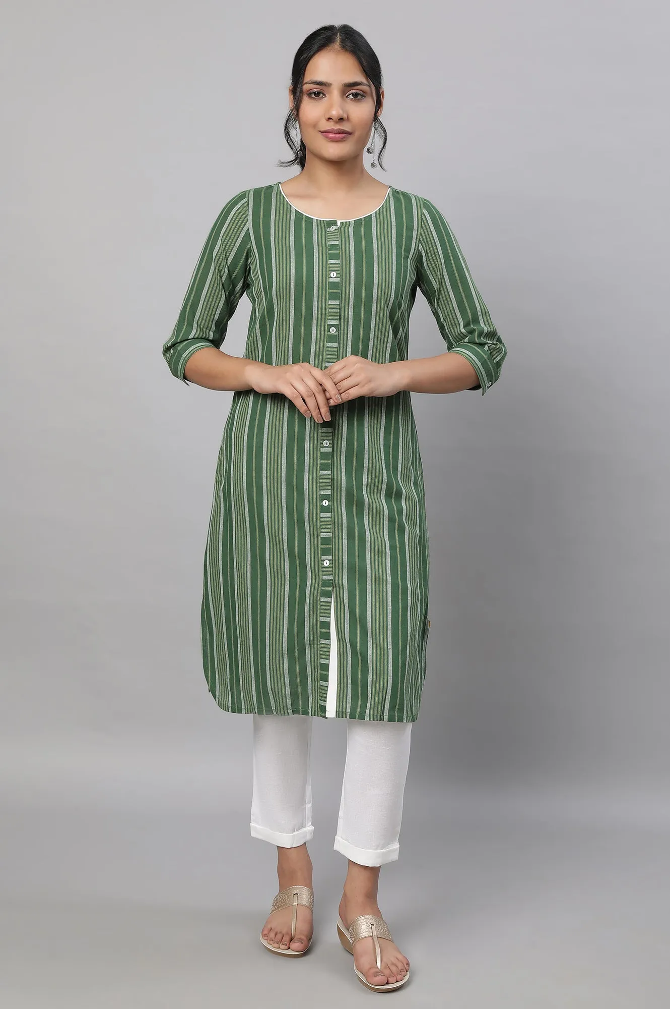 Green Stripe Print Cotton kurta & Trousers Set
