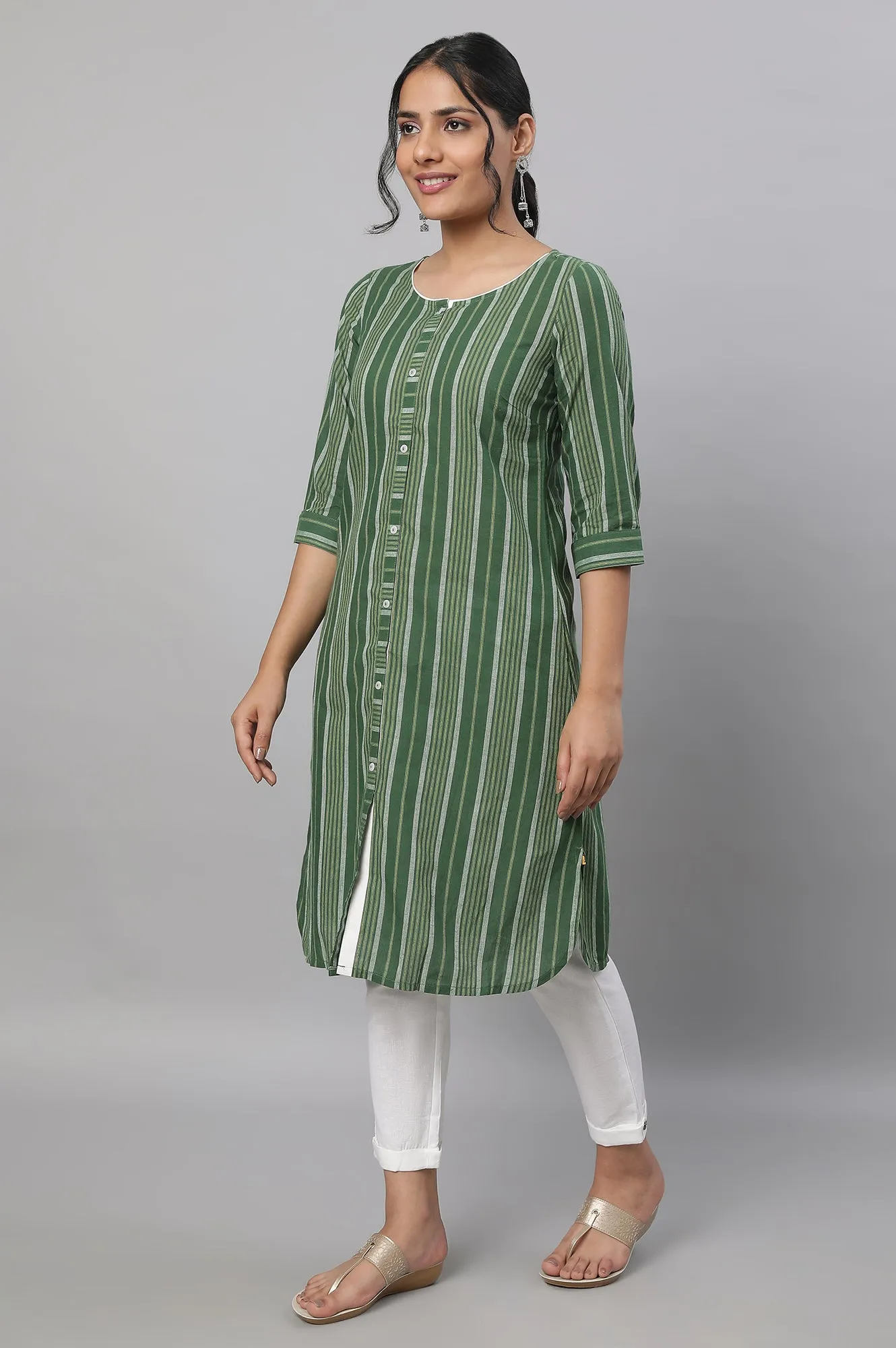 Green Stripe Print Cotton kurta & Trousers Set