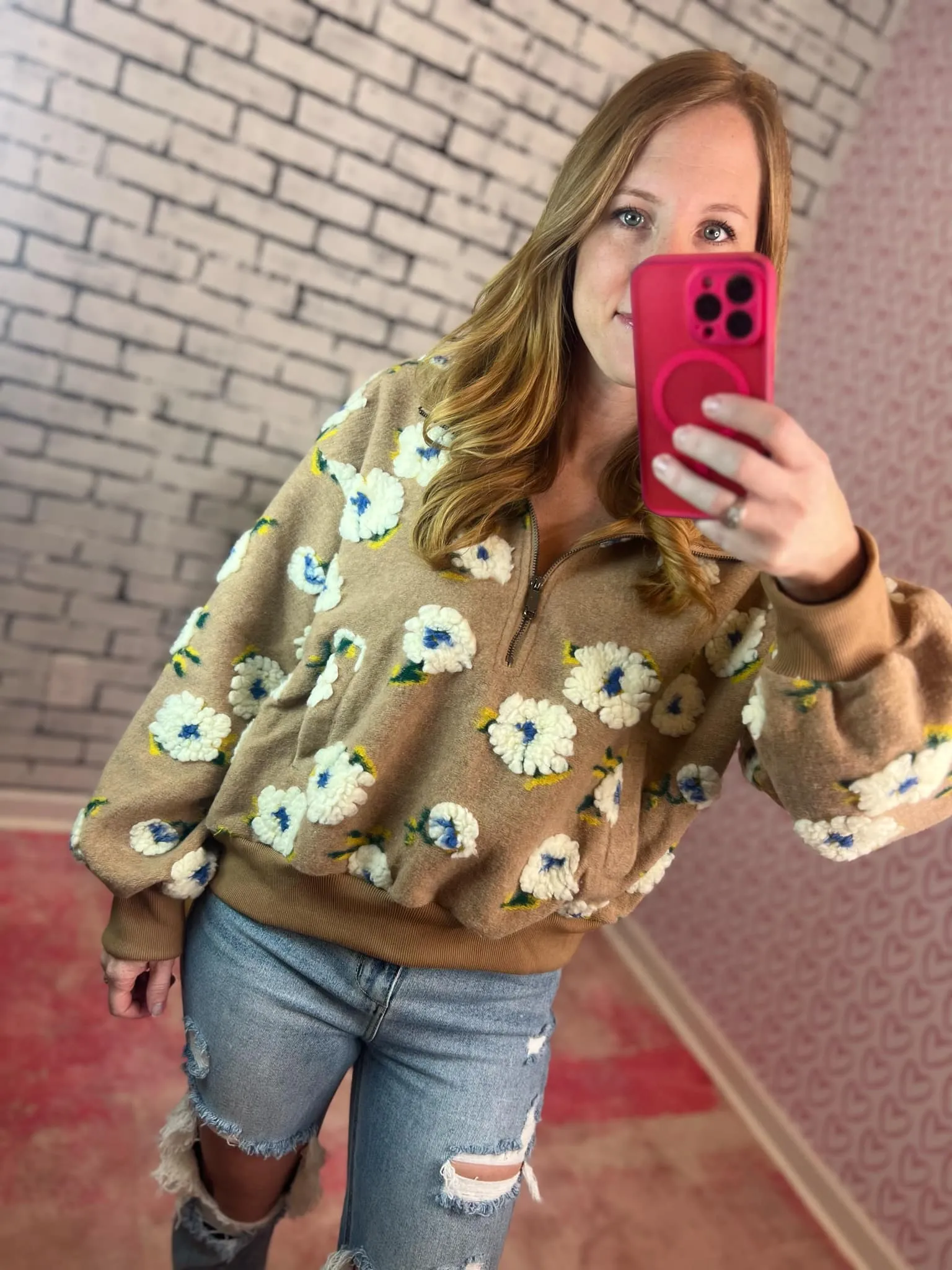 Half Zip Floral Pullover Top
