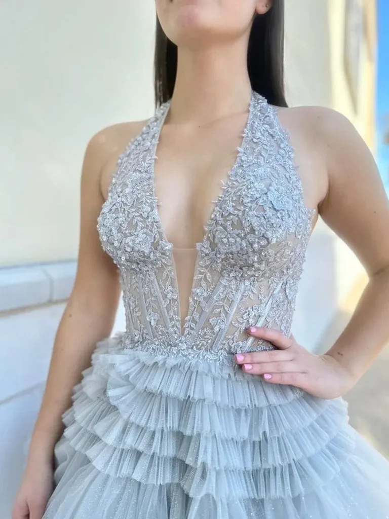 Halter V Neck Open Back Layered Gray Lace Long Prom Dresses, Gray Backless Lace Formal Evening Dresses
