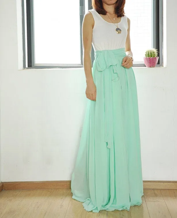 High Waist Maxi Skirt Chiffon Silk Skirts Beautiful Bow Tie Elastic Waist Summer Skirt Floor Length Long Skirt (037) Mint