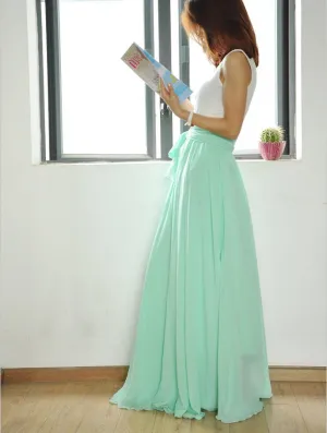 High Waist Maxi Skirt Chiffon Silk Skirts Beautiful Bow Tie Elastic Waist Summer Skirt Floor Length Long Skirt (037) Mint