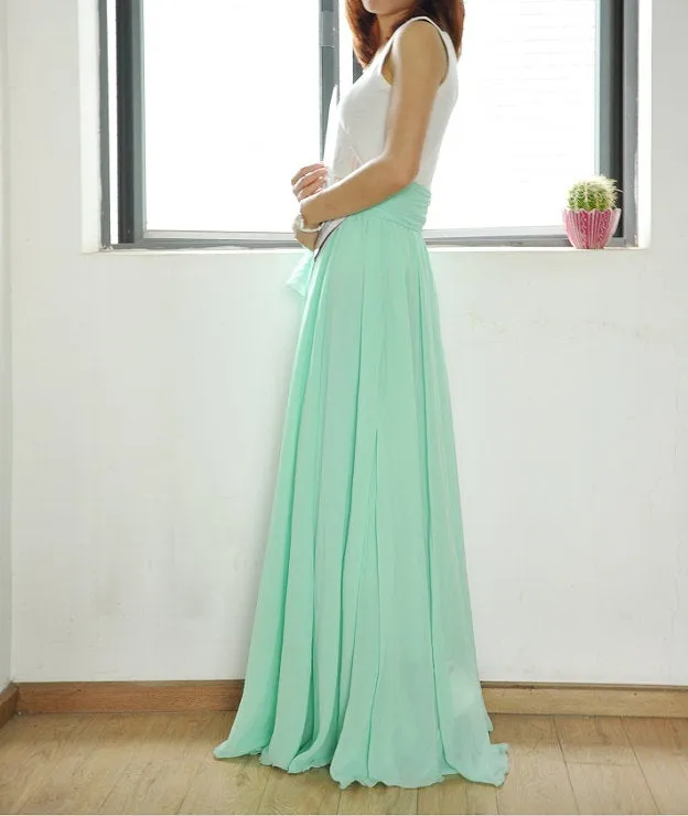 High Waist Maxi Skirt Chiffon Silk Skirts Beautiful Bow Tie Elastic Waist Summer Skirt Floor Length Long Skirt (037) Mint