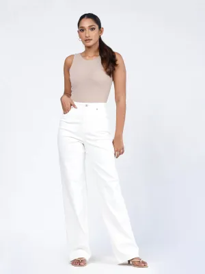 High Waist White Denim Straight Leg  Pant