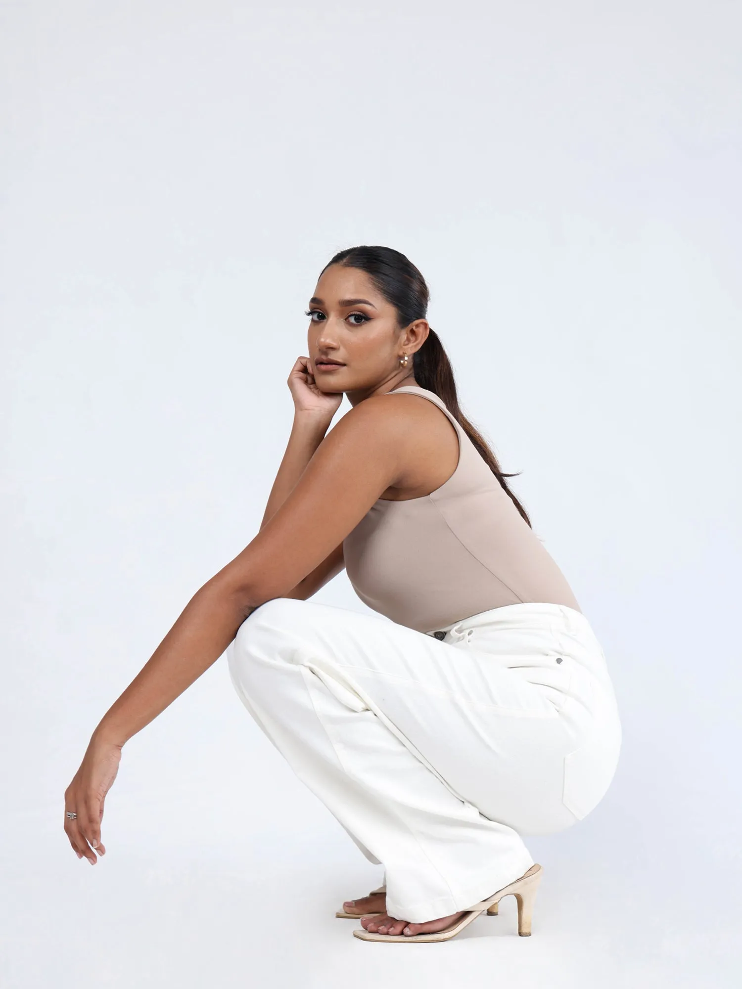 High Waist White Denim Straight Leg  Pant