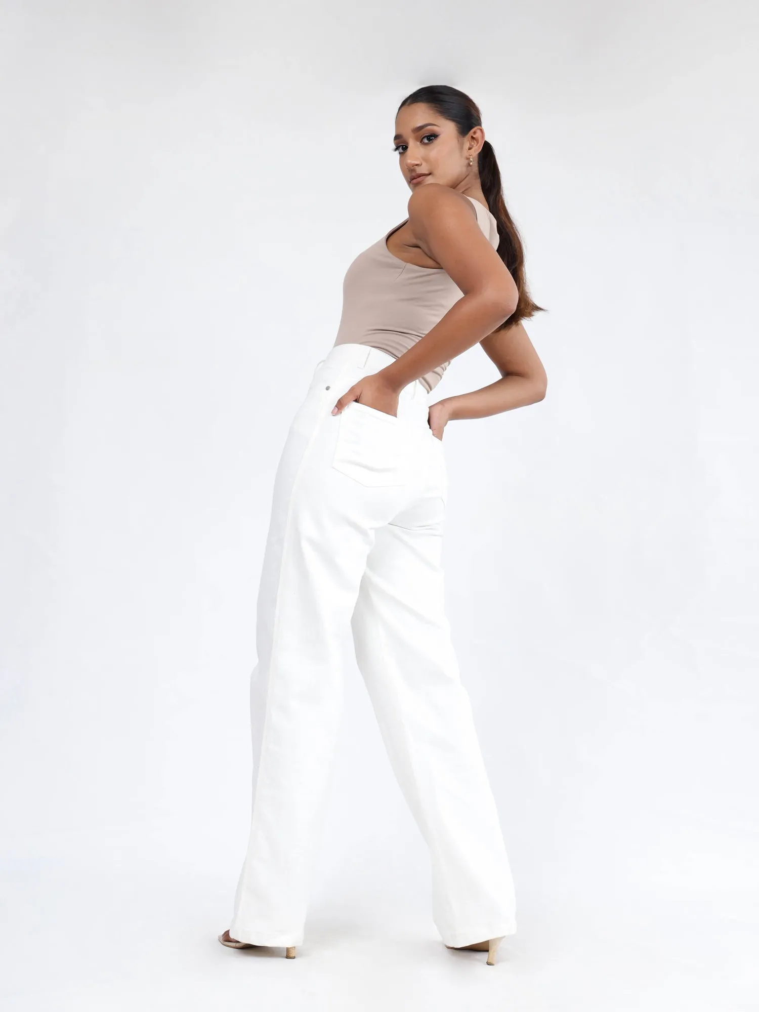 High Waist White Denim Straight Leg  Pant