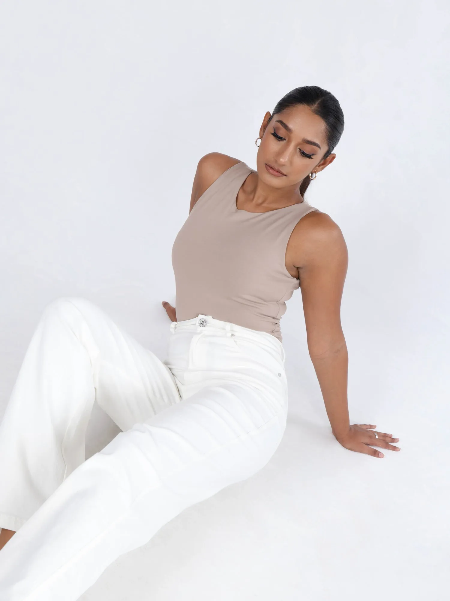 High Waist White Denim Straight Leg  Pant