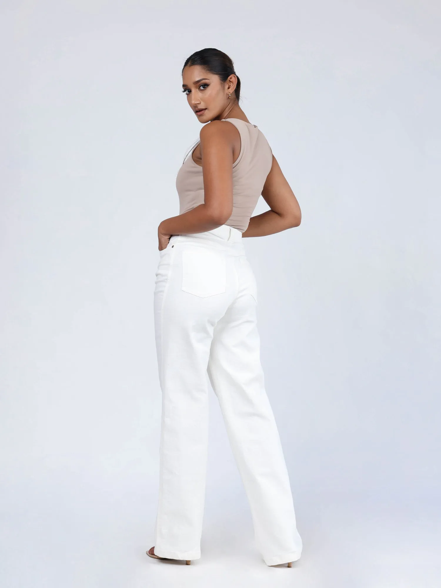 High Waist White Denim Straight Leg  Pant