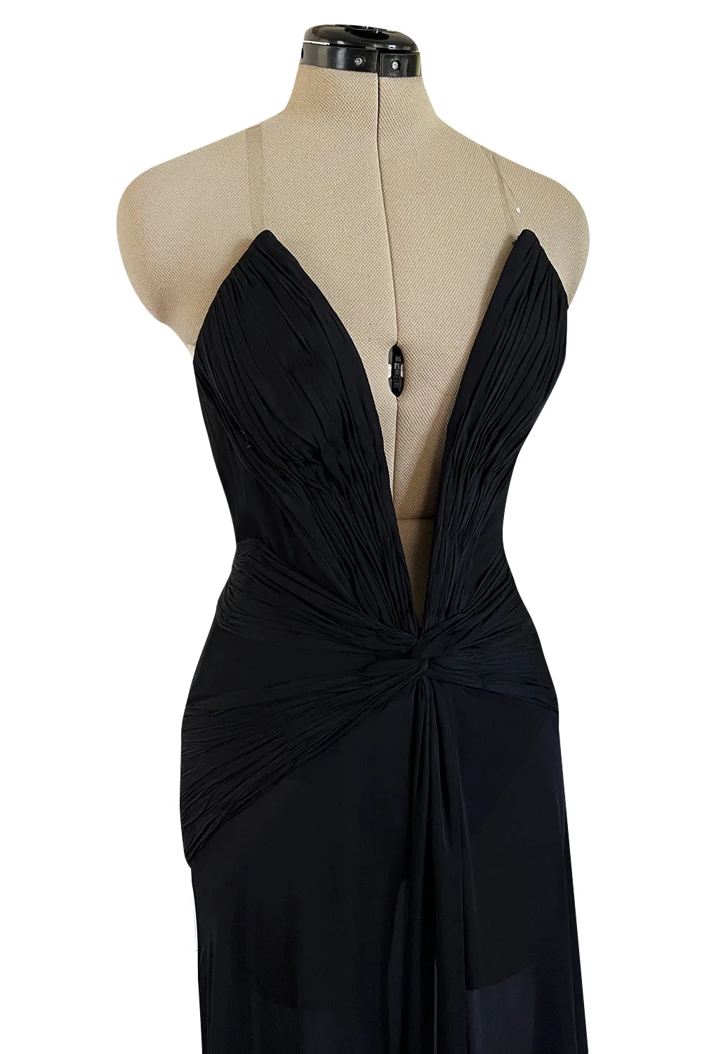 Incredible 2006-2007 Roberto Cavalli Black Silk Extreme Plunge Dress w Trained Silk Chiffon Skirts