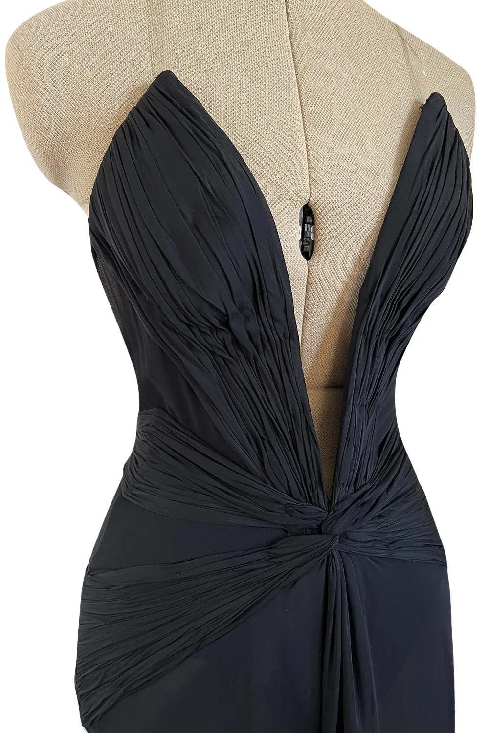 Incredible 2006-2007 Roberto Cavalli Black Silk Extreme Plunge Dress w Trained Silk Chiffon Skirts