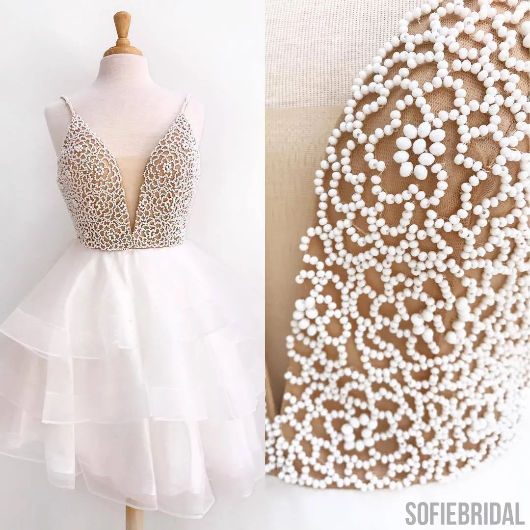 Ivory Sexy V Neck Beaded Cute Homecoming Dresses 2018, CM457