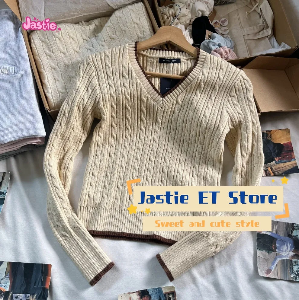 JazzHer American Retro Autumn New Khaki Sweater V-neck Slim Twisted Knitted Top Woman Solid Color Chic Fashion Streetwar  Y2K Pullovers