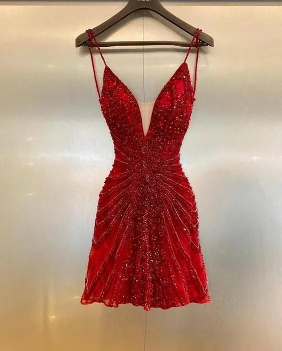 JazzHer Luxury Red Beaded Homecoming Dresses Bodycon Mini Party Dress (PRE-ORDER)