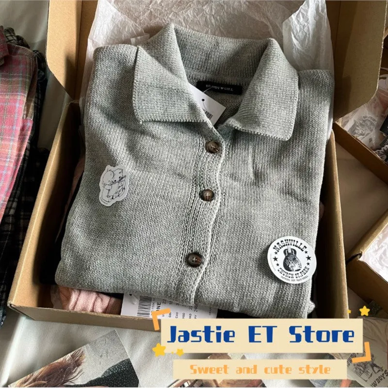 JazzHer Turn Down Collar Gray Winter Sweater Single Breasted Solid Color Casual Pullovers Y2K Streetwear Loose Fall Tops Woman new